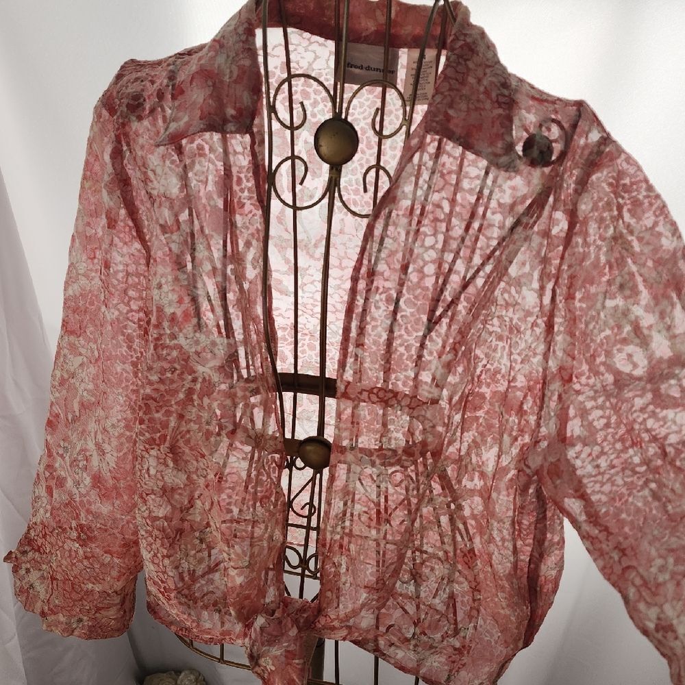 Vintage Floral Sheer Open 3/4 Sleeve Tie Front Pink Blouse Size M